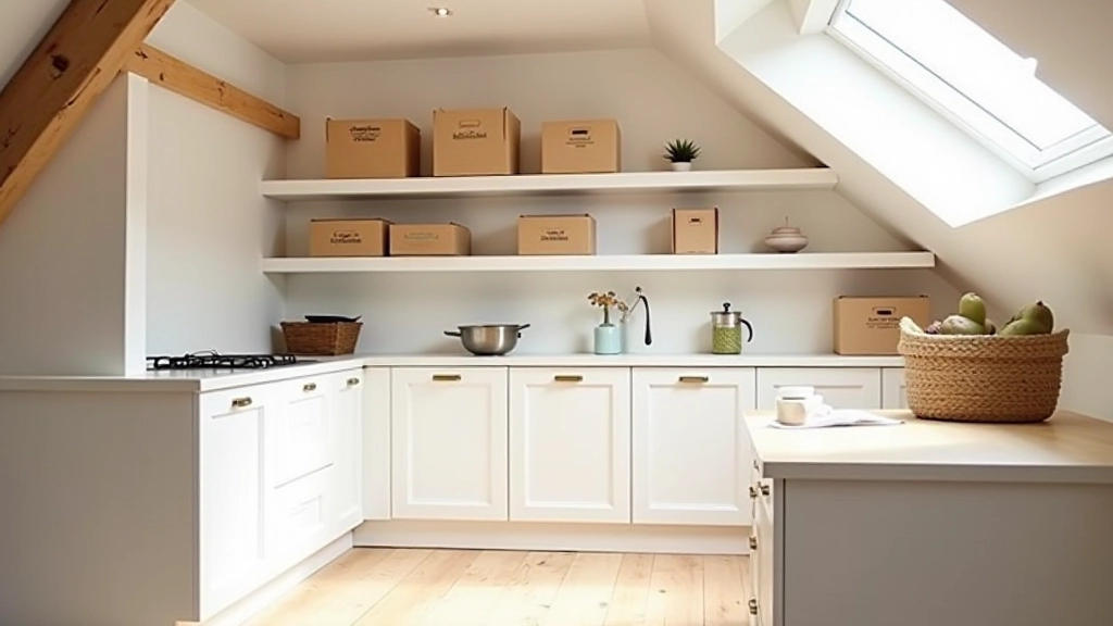 Loft conversion space with floor-to-ceiling built-in shelving and organized storage boxes