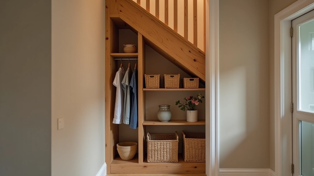 Under-stair cupboard with organized interior showing hanging rail, baskets on shelf, and clear access to stored items without damage to original staircase structure