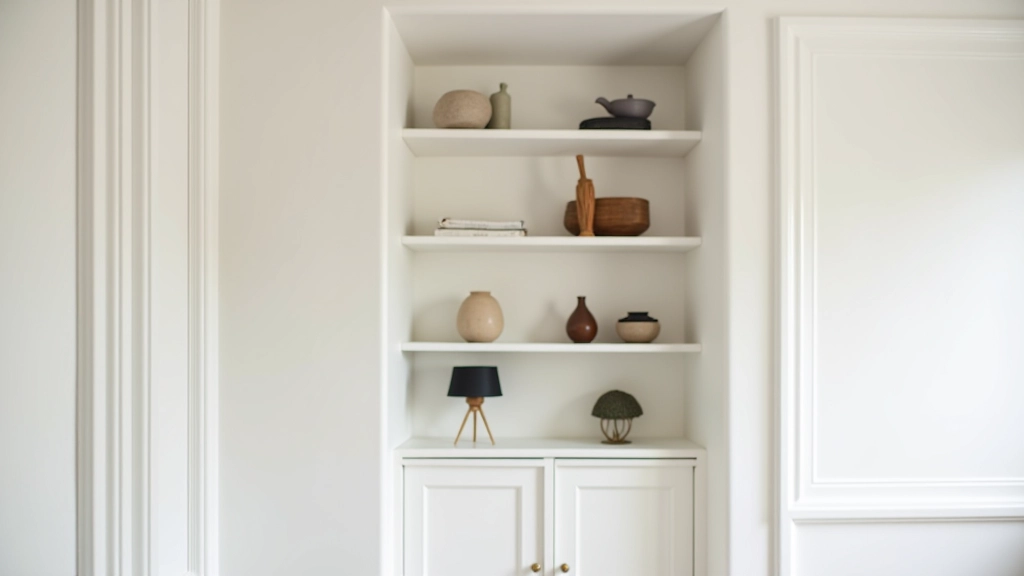 Victorian alcove space with recessed shelving fitted flush with original wall plaster and cornicing, containing vintage and modern objects