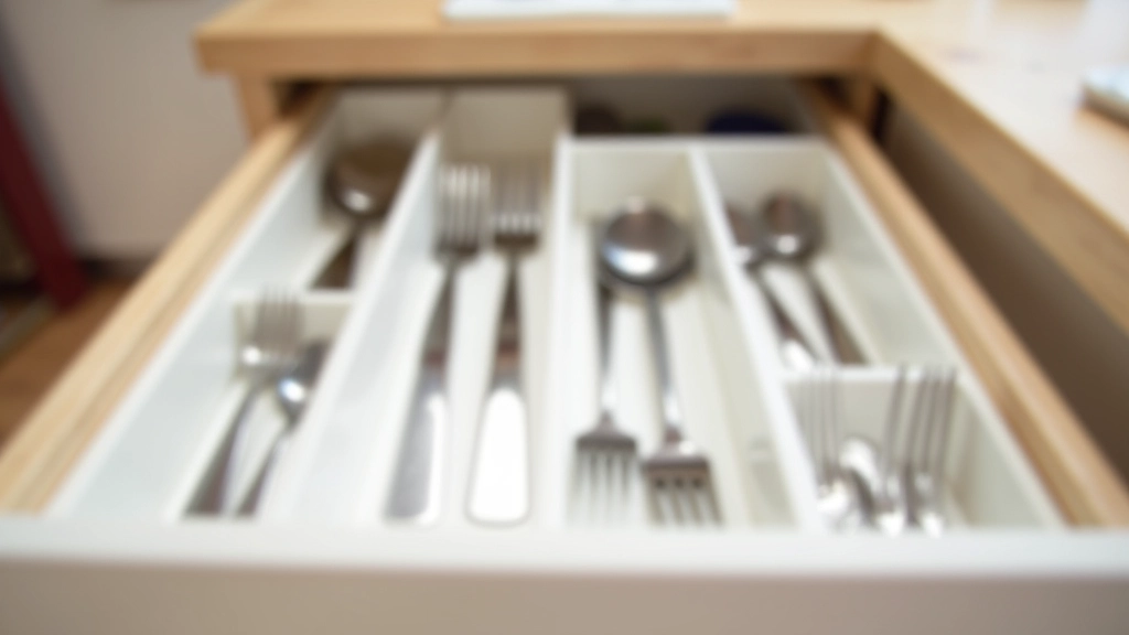 Kitchen drawer organizer with dividers showing utensils, cutlery, and kitchen tools neatly arranged