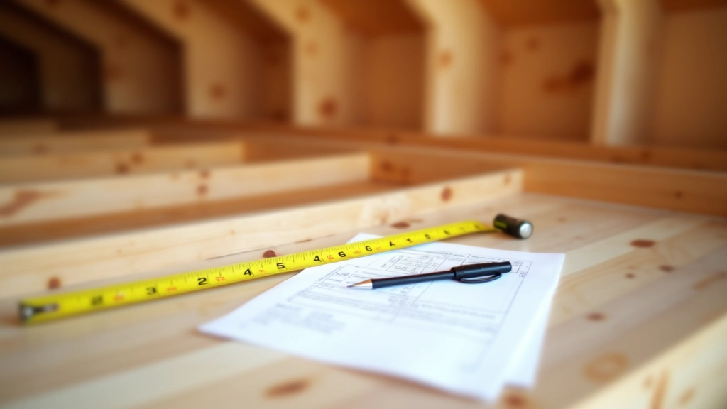 Close-up view of loft joist structure with measuring tape and load calculation notes