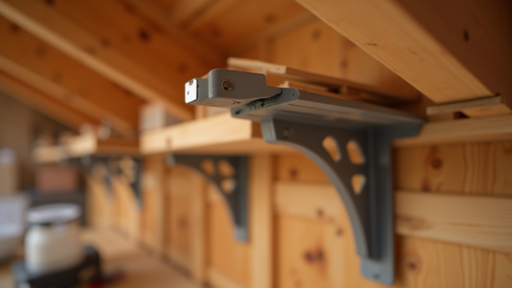 Installation photo showing metal brackets firmly attached to wooden loft joists with multiple fixing points visible