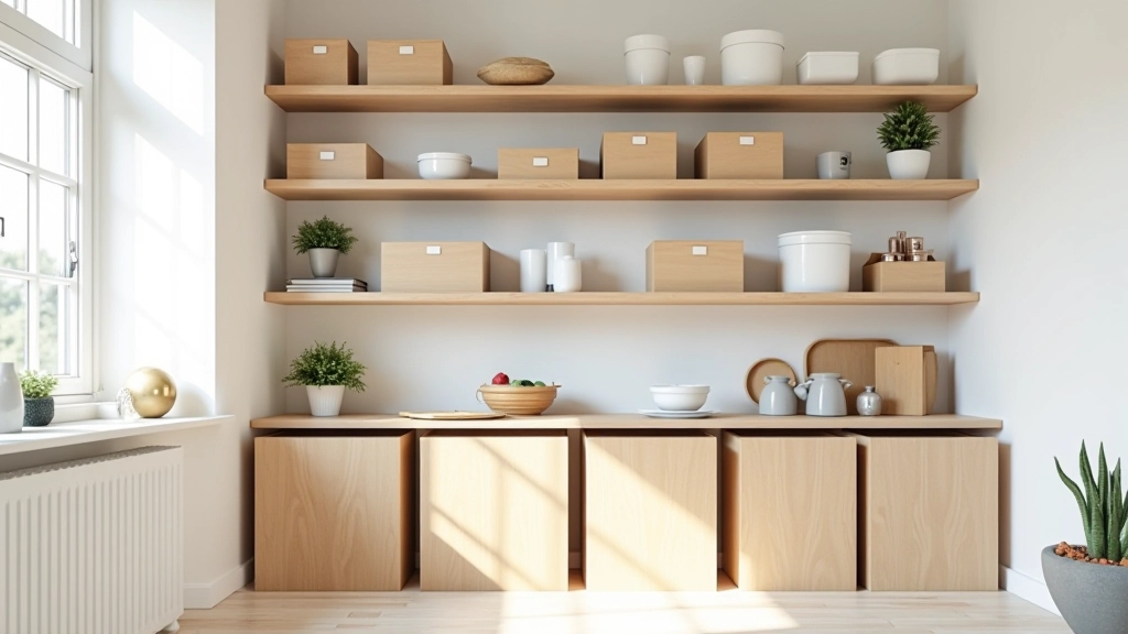 Modern organized home storage with shelving and organized containers showing smart space management