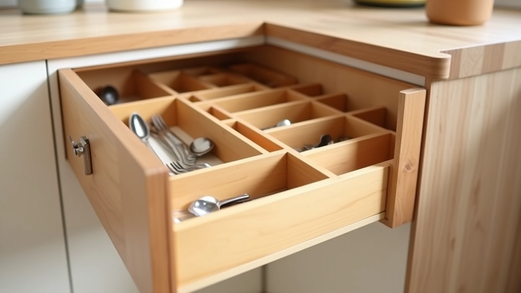 Organized kitchen drawer with custom wooden dividers separating cutlery, utensils, and kitchen gadgets into neat sections