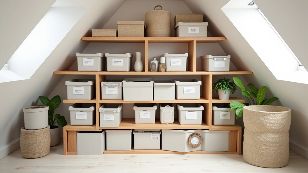 Professional organized loft space with extensive shelving and properly stored boxes demonstrating maximum storage utilization