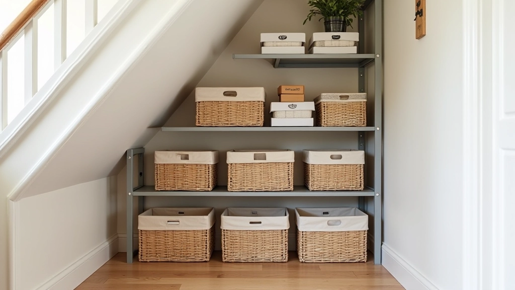 Organized under-stairs storage with labeled baskets, storage boxes, and proper ventilation, showing clean organization system