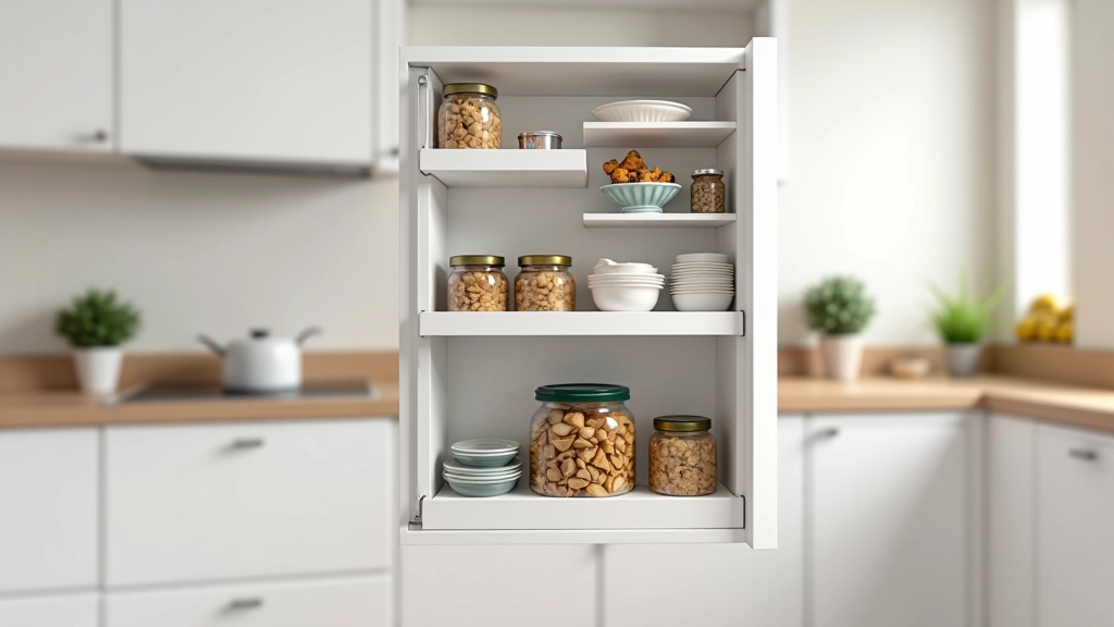 Pull-out pantry unit installed between refrigerator and wall, showing multiple shelves filled with organized food items, jars, and dry goods