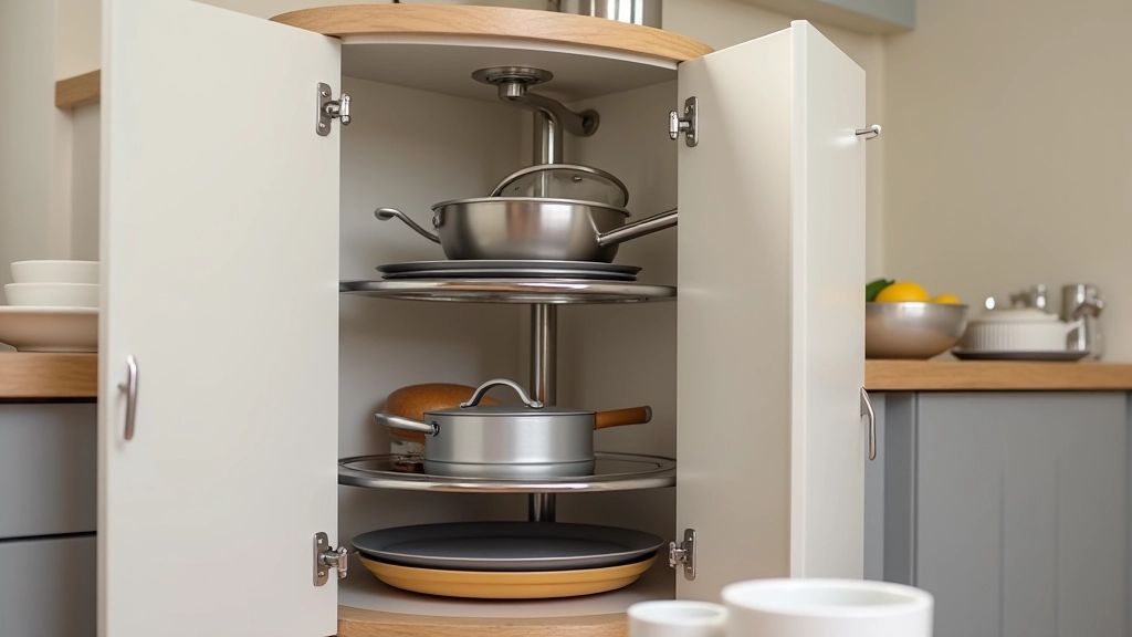 Open corner cupboard with rotating carousel shelf unit, displaying various cooking pans, lids, and kitchen items in organized rows