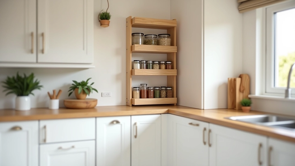 Compact kitchen with pull-out pantry, vertical storage racks, and wall-mounted shelving maximizing small space