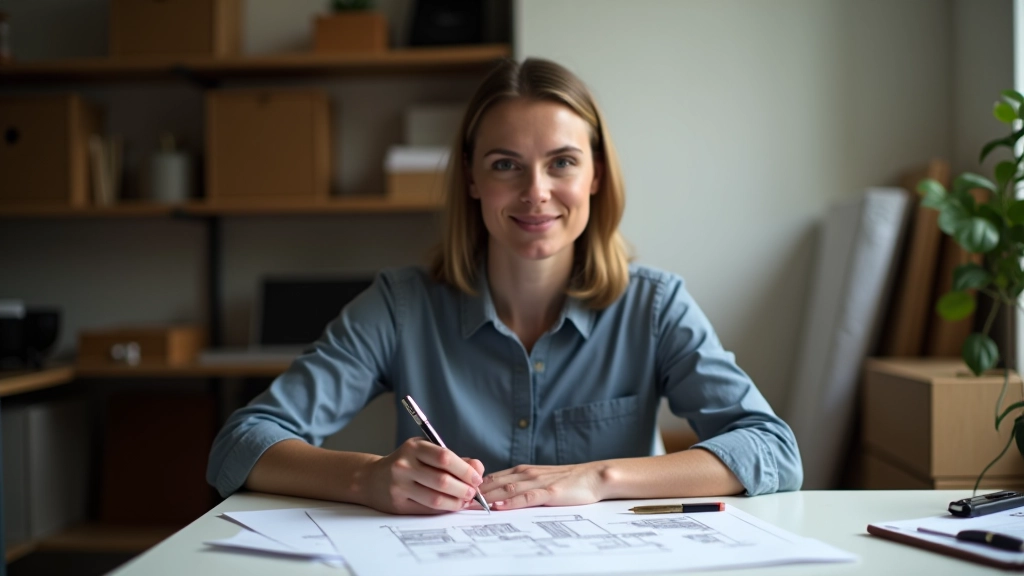 Storage design consultation workspace with sketches and planning materials