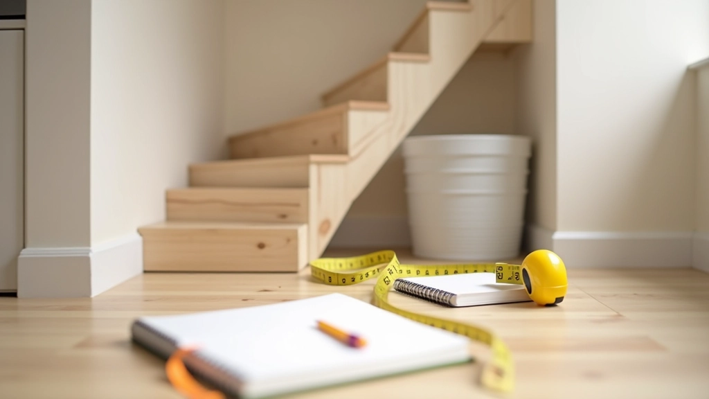 Under-stairs space showing measurements and dimensions for storage planning, with clear sight lines