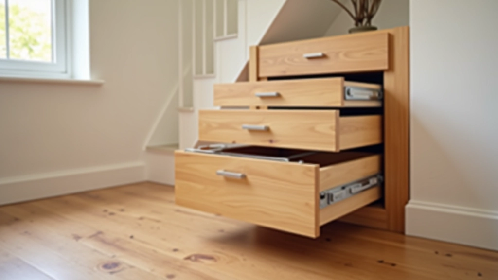 Custom sliding drawer system installed under stairs, showing three graduated drawers with smooth metal slides and wood construction