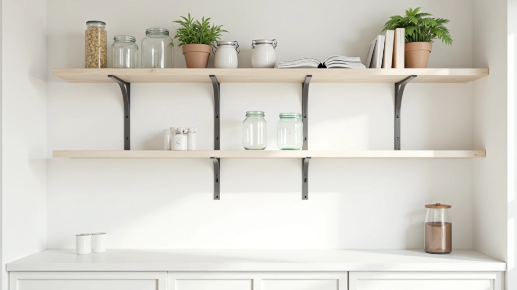 Wall-mounted kitchen shelving system with stainless steel brackets holding glass and ceramic jars, herbs in small pots, and cookbooks